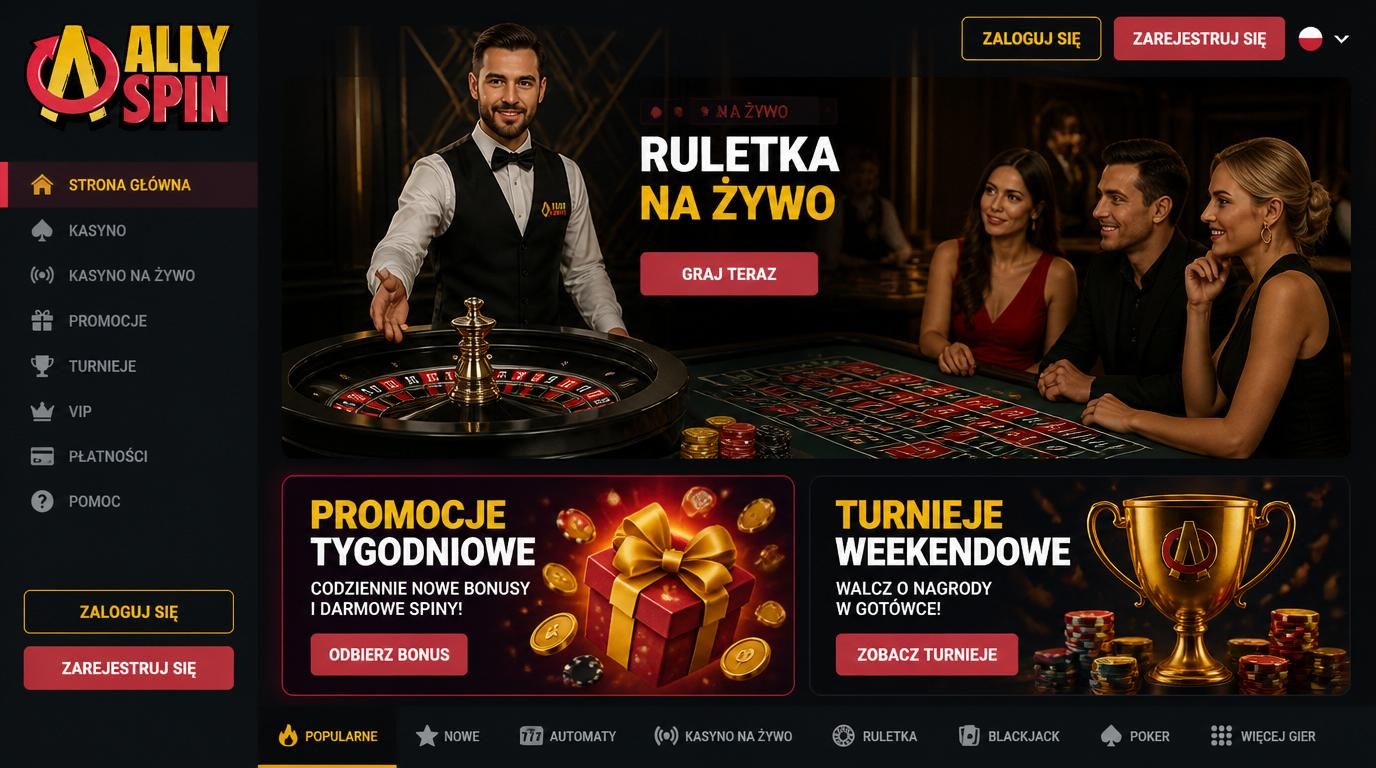 Krupier przy stole, bannery promocji tygodniowych i turniejów