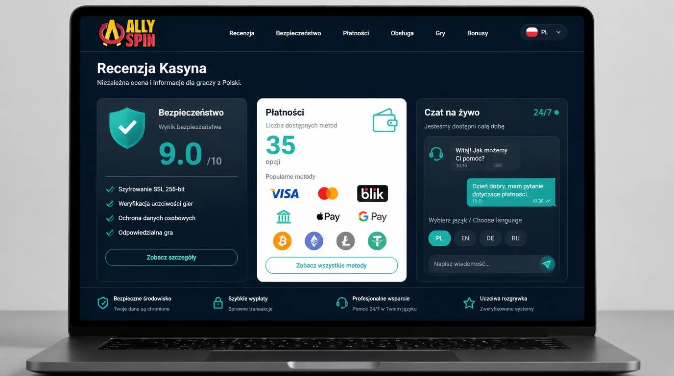 Panel kasyna z oceną bezpieczeństwa 9,0, ikonami kart i kryptowalut oraz czatem dostępnym całą dobę