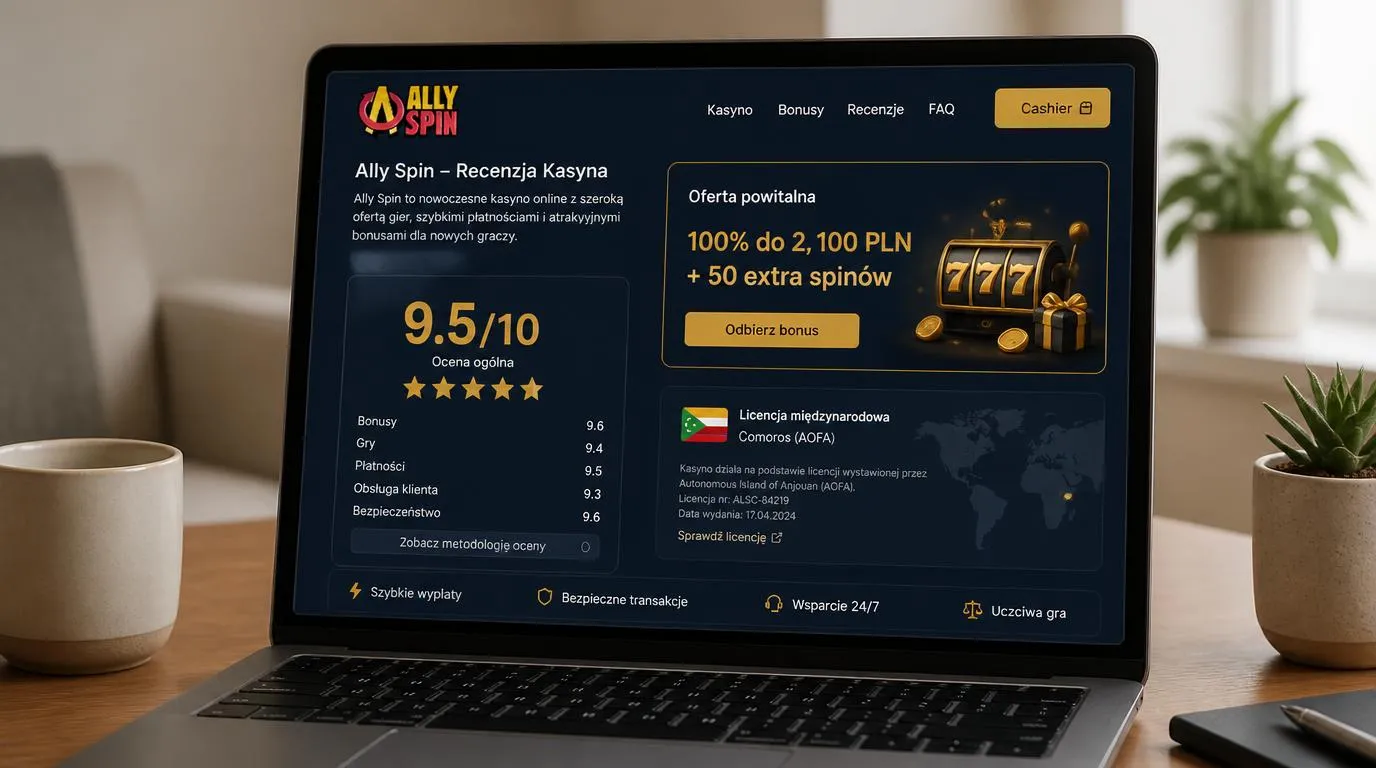 Ekran kasyna z oceną 9,5/10, ofertą powitalną i przyciskiem prowadzącym do kasy
