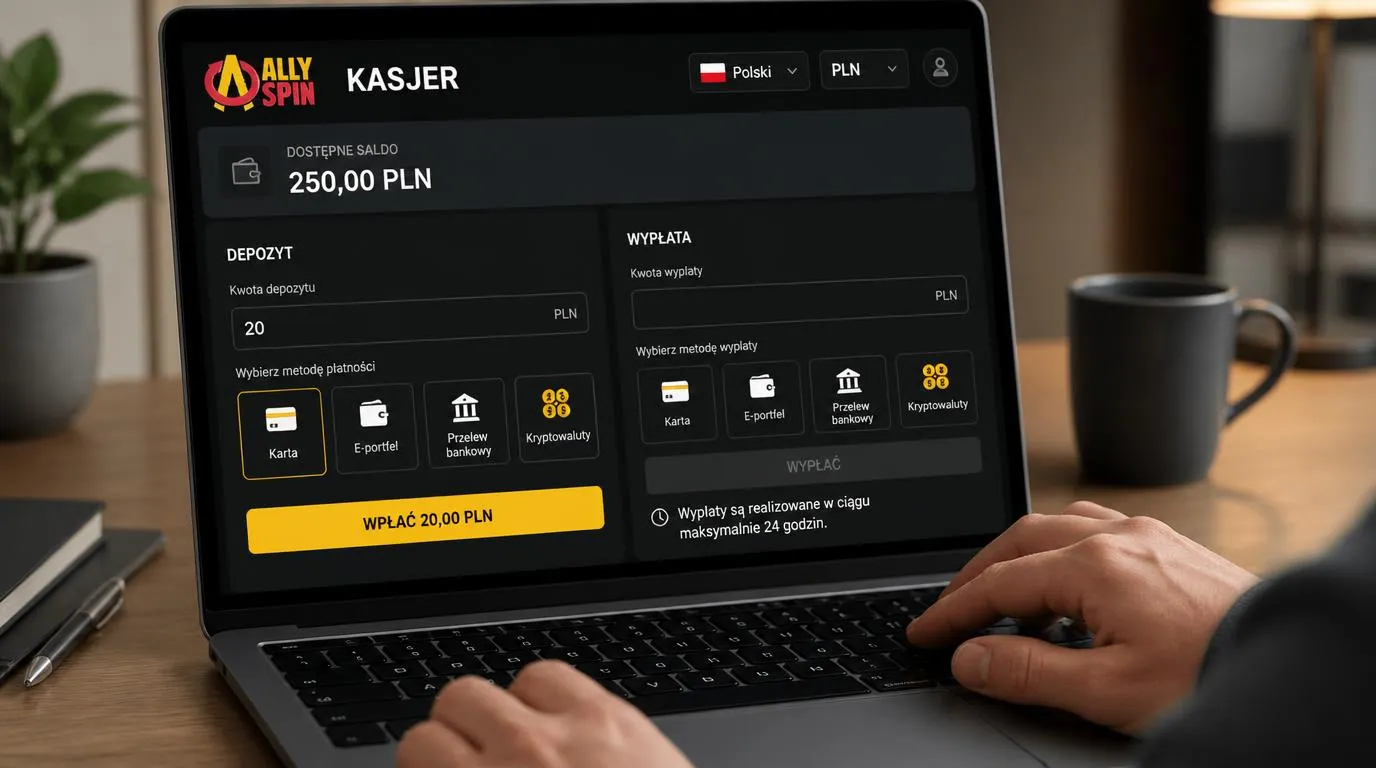 Panel kasowy z wpłatą w PLN, wyborem metody płatności i informacją o czasie wypłaty